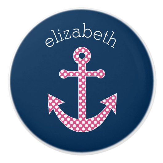 キュートピンク水玉模様いかりwithネイビー名前をカスタムする セラミックノブ (正面)