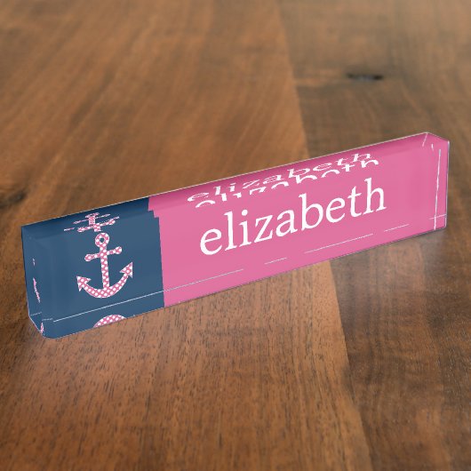 キュートピンク水玉模様いかりwithネイビー名前をカスタムする デスクネームプレート (側面)