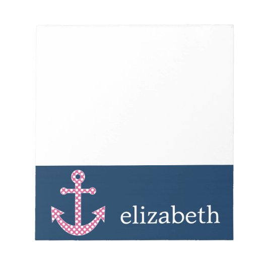 キュートピンク水玉模様いかりwithネイビー名前をカスタムする ノートパッド (正面)