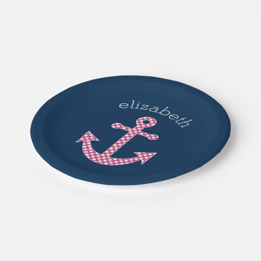 キュートピンク水玉模様いかりwithネイビー名前をカスタムする ペーパープレート (アングル)