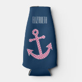 キュートピンク水玉模様いかりwithネイビー名前をカスタムする ボトルクーラー (正面)