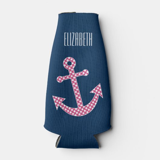 キュートピンク水玉模様いかりwithネイビー名前をカスタムする ボトルクーラー (正面)