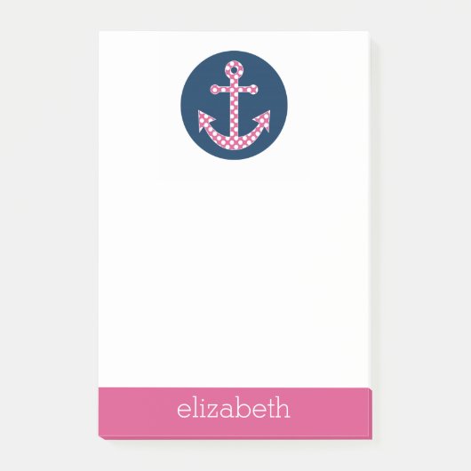 キュートピンク水玉模様いかりwithネイビー名前をカスタムする ポストイット (正面)