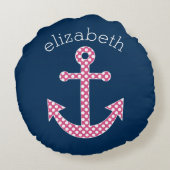 キュートピンク水玉模様いかりwithネイビー名前をカスタムする ラウンドクッション (裏面)