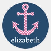 キュートピンク水玉模様いかりwithネイビー名前をカスタムする ラウンドシール (正面)