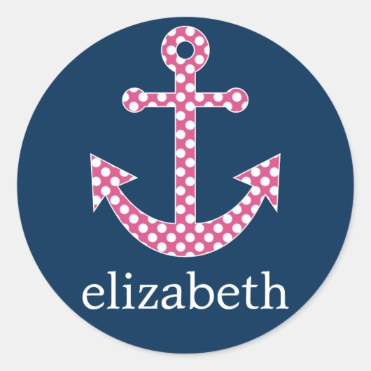 キュートピンク水玉模様いかりwithネイビー名前をカスタムする ラウンドシール (正面)