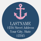 キュートピンク水玉模様いかりwithネイビー名前をカスタムする ラウンドシール (正面)