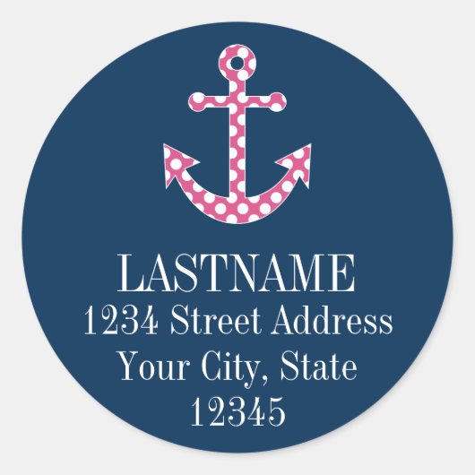 キュートピンク水玉模様いかりwithネイビー名前をカスタムする ラウンドシール (正面)