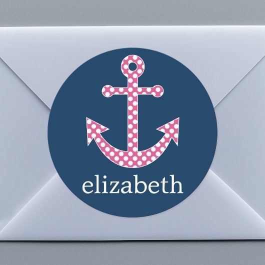 キュートピンク水玉模様いかりwithネイビー名前をカスタムする ラウンドシール