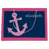 キュートピンク水玉模様いかりwithネイビー名前をカスタムする ラージペーパーバッグ (正面)