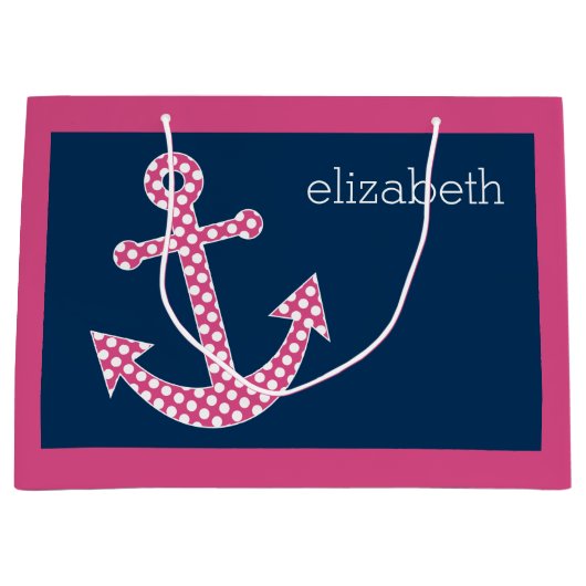 キュートピンク水玉模様いかりwithネイビー名前をカスタムする ラージペーパーバッグ (正面)