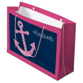キュートピンク水玉模様いかりwithネイビー名前をカスタムする ラージペーパーバッグ (正面アングル)