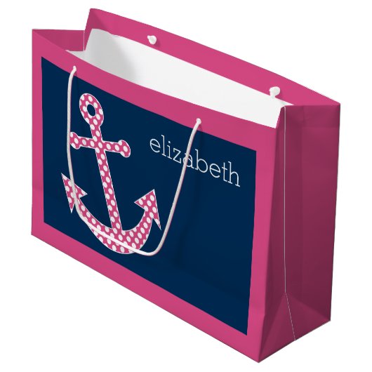キュートピンク水玉模様いかりwithネイビー名前をカスタムする ラージペーパーバッグ (正面アングル)