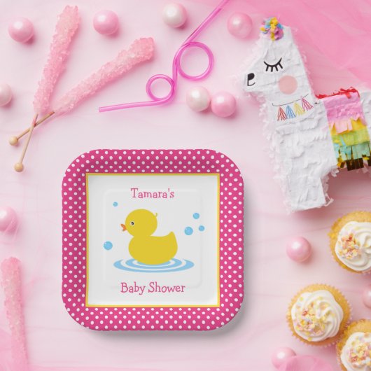 キュートピンク水玉模様ダックベビーシャワー紙プレート ペーパープレート (パーティー)