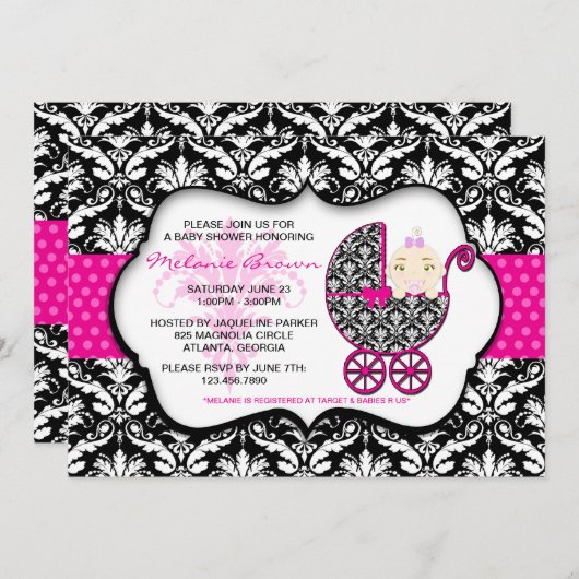 キュートピンク水玉模様ダマスクベビーシャワー招待状 招待状 (正面/裏面)