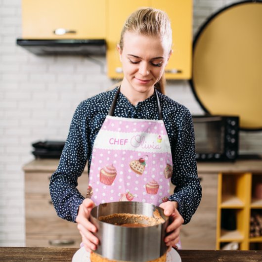 キュートピンク水玉模様パーソナライズされたシェフカップケーキ エプロン