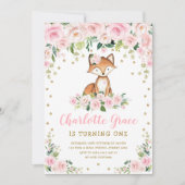 キュートピンク赤面フローラウッドランドキツネガールズ誕生日 招待状 (正面)