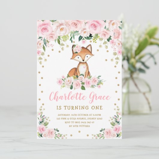 キュートピンク赤面フローラウッドランドキツネガールズ誕生日 招待状 (スタンド正面)