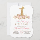 キュートピンク金ゴールドクラウンプリンセスファースト誕生日 招待状 (正面)