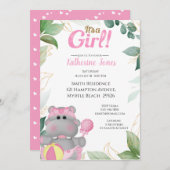 キュートピンク金ゴールドヒッポベビーシャワー招待状 招待状 (正面/裏面)