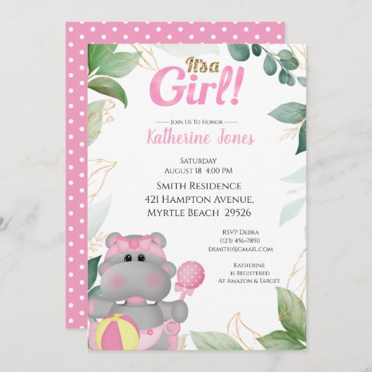 キュートピンク金ゴールドヒッポベビーシャワー招待状 招待状 (正面/裏面)