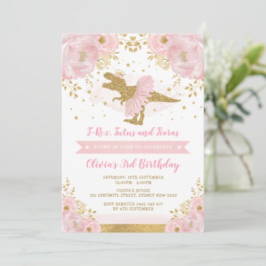 キュートピンク金ゴールドプリンセス恐竜ガール誕生日 招待状 (スタンド正面)