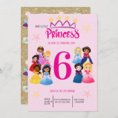 キュートピンク金ゴールドプリンセス誕生日 招待状 (正面/裏面)