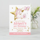 キュートピンク金ゴールドユニコーンガールズ誕生日招待状 招待状 (スタンド正面)