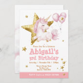 キュートピンク金ゴールドユニコーンガールズ誕生日招待状 招待状 (正面/裏面)