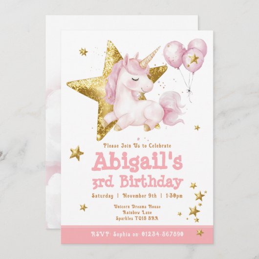 キュートピンク金ゴールドユニコーンガールズ誕生日招待状 招待状 (正面/裏面)
