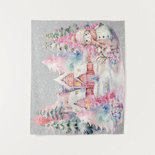 キュートピンク雪だるまウィンターワンダーランド タペストリー (正面)