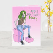 キュートピンク10代のガールイラストレーション誕生日 カード (黄色い花)