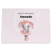 キュートピンク&グレーエレファントバレリーナ誕生日 ラージペーパーバッグ (正面)
