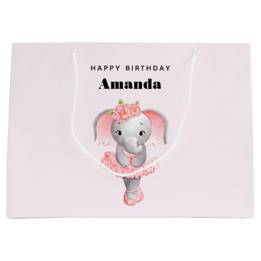 キュートピンク&グレーエレファントバレリーナ誕生日 ラージペーパーバッグ (正面)
