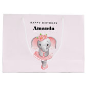 キュートピンク&グレーエレファントバレリーナ誕生日 ラージペーパーバッグ (裏面)