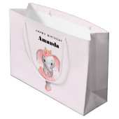 キュートピンク&グレーエレファントバレリーナ誕生日 ラージペーパーバッグ (裏面アングル)