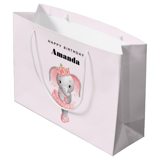 キュートピンク&グレーエレファントバレリーナ誕生日 ラージペーパーバッグ (裏面アングル)