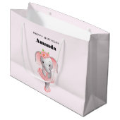 キュートピンク&グレーエレファントバレリーナ誕生日 ラージペーパーバッグ (正面アングル)