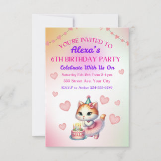 キュートピンク&パープルバレリーナキッテン誕生日 招待状