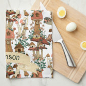 キュートピーチコテージコアフローラマッシュルームパターン キッチンタオル (四つ折り)