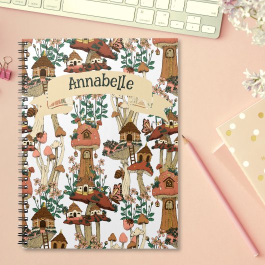 キュートピーチコテージコアフローラマッシュルームパターン ノートブック