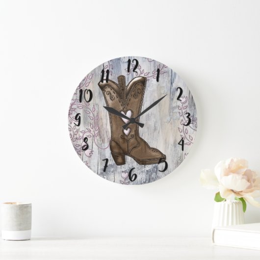 キュートピ素朴ンク女性のカーボーイハートブーツファームハウス  ラージ壁時計 (ホーム)