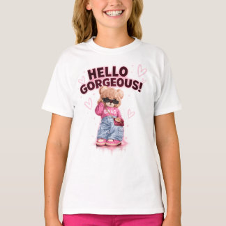 キュートファッション テディベア Hello Gorgeous キッズTシャツ Tシャツ