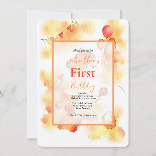 キュートファースト誕生日オレンジウォーターカラーベビー&おもちゃ 招待状 (正面)