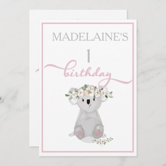 キュートファースト誕生日コアラフローラピンク 招待状 (正面/裏面)