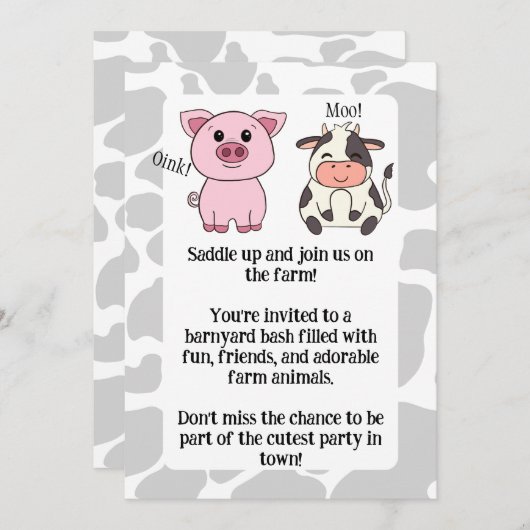 キュートファームアニマルをテーマにした誕生日招待状 招待状 (正面/裏面)