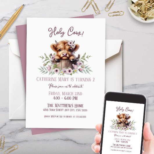 キュートファームアニマルズハイランドカウピンクガール誕生日 招待状