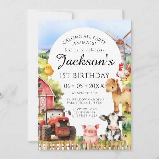 キュートファームアニマルズバーントラクター誕生日ボーイ 招待状 (正面)