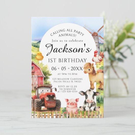 キュートファームアニマルズバーントラクター誕生日ボーイ 招待状 (スタンド正面)