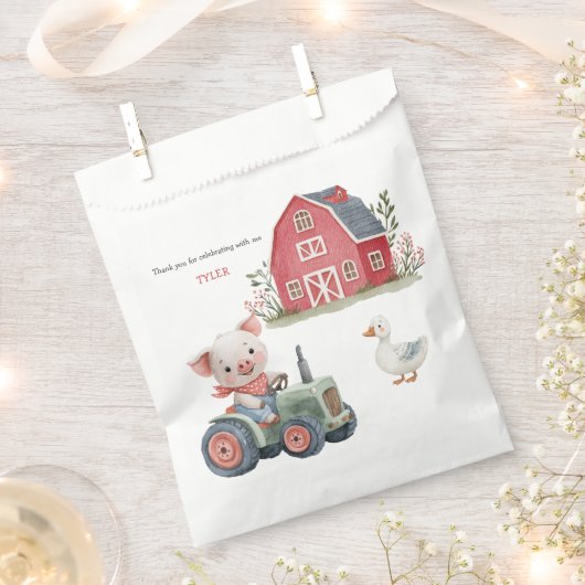 キュートファームアニマルズブタ納屋周囲の庭誕生日パーティー フェイバーバッグ (クリップ留めされた状態)